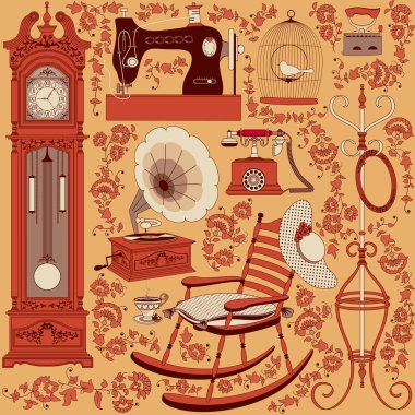 Collection of retro appliances and furniture clipart