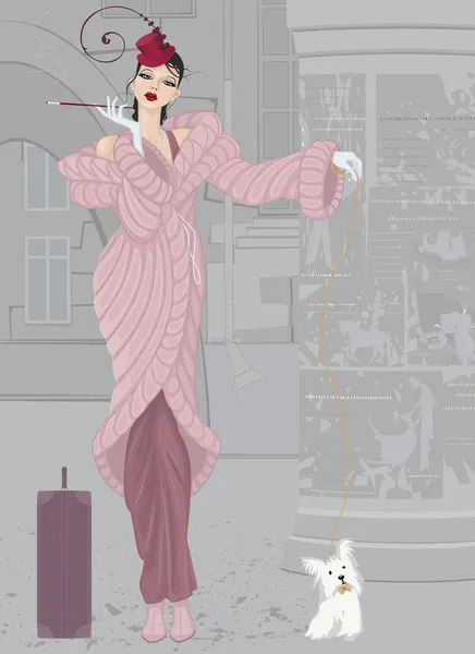Κορίτσι σε ροζ γούνινο παλτό με σκύλο — Διανυσματικό Αρχείο