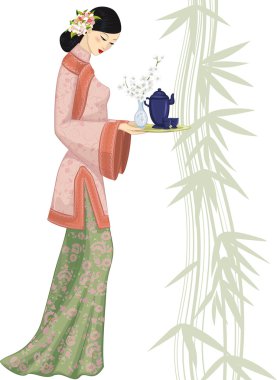 Chinese woman with tray clipart