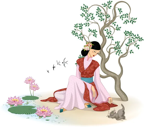 Красива жінка китайський з кошеня — стоковий вектор