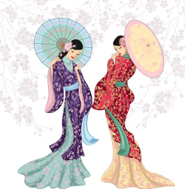 Chinese beauties with umbrellas clipart