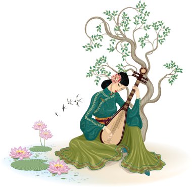 Beautiful Chinese woman playing the pipa clipart