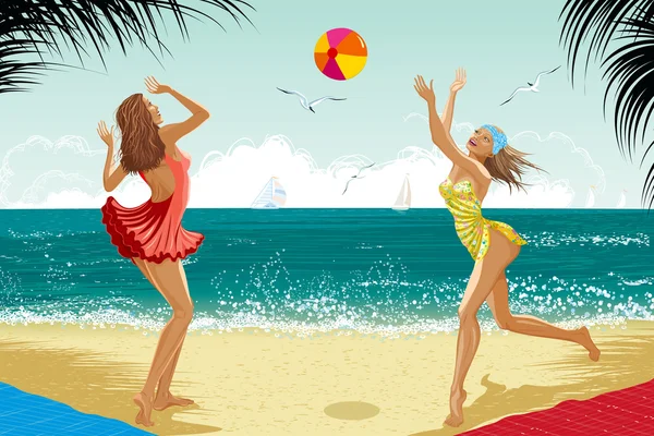 Δύο κορίτσια σε μια παραλία — Διανυσματικό Αρχείο