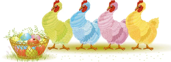 Cuatro gallinas con huevos de Pascua — Vector de stock