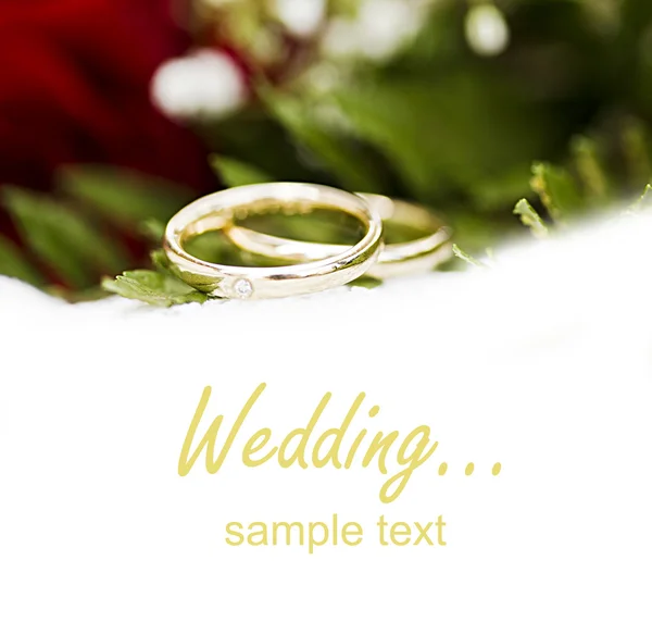 Свадебные кольца и букет роз изолированы, очень мелкий dof — стоковое фото