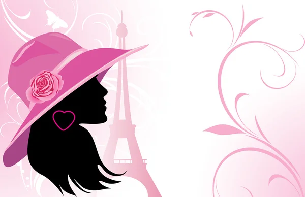 Femme élégante dans un chapeau sur le fond de la tour Eiffel — Image vectorielle
