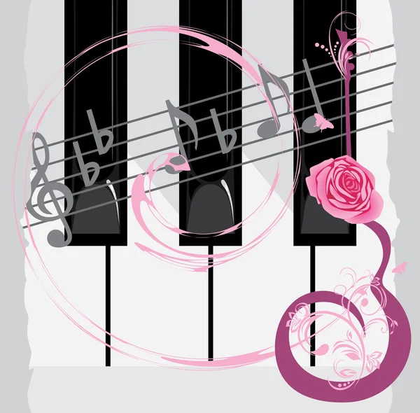 Teclas de piano, notas y guitarra abstracta con rosa — Vector de stock