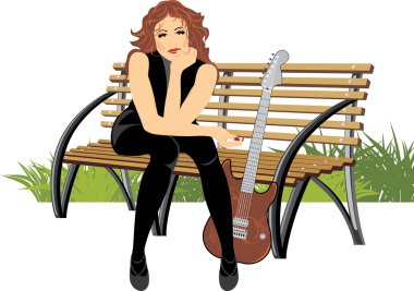 Beautiful woman sitting with guitar on the wooden bench clipart