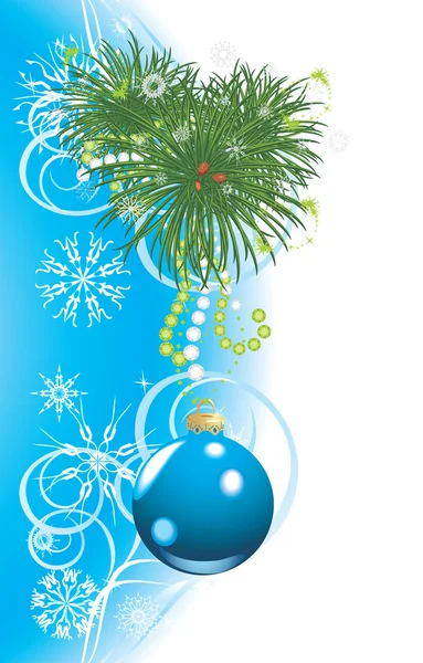 Albero di Natale con palla blu e fiocchi di neve. Biglietto festivo — Vettoriale Stock