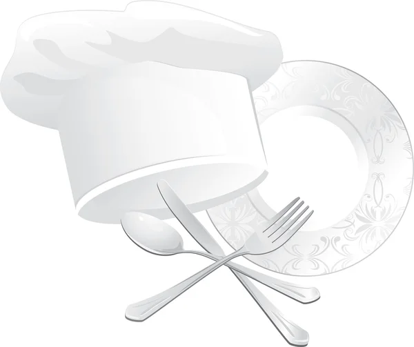 Chapeau de chef, assiette avec cuillère, fourchette et couteau — Image vectorielle