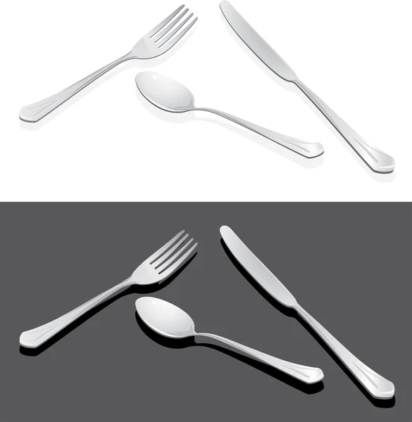 Cucchiaio, forchetta e coltello isolati sul bianco e grigio scuro — Vettoriale Stock