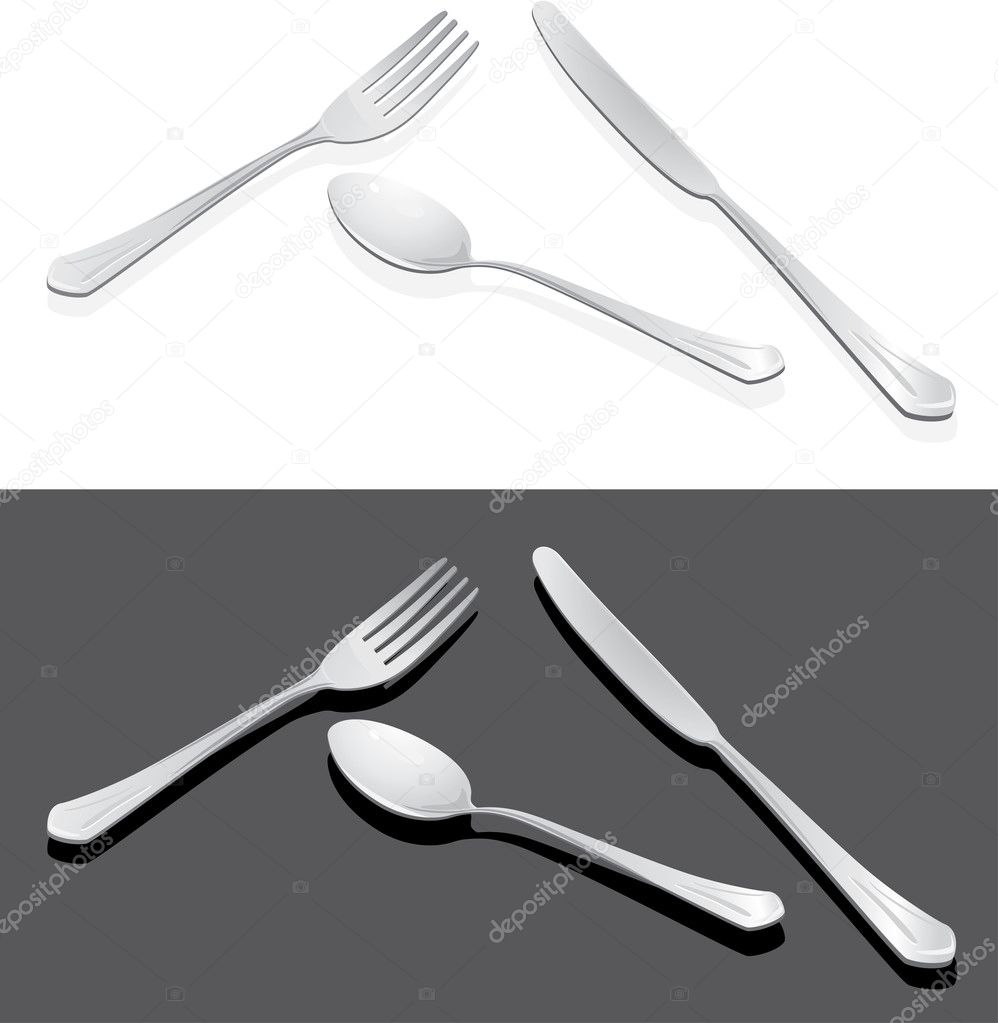 Spoon, fork and knife isolated on the white and dark grey