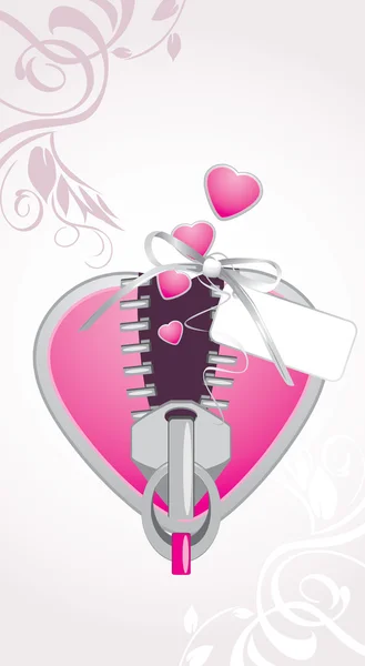 Pink heart with zipper on the decorative background — Stock Vector