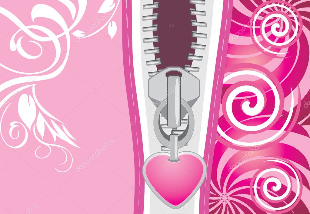 Zipper with pink heart on the decorative background