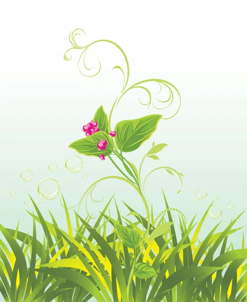 Zweig mit rosa Blumen und Gras — Stockvektor
