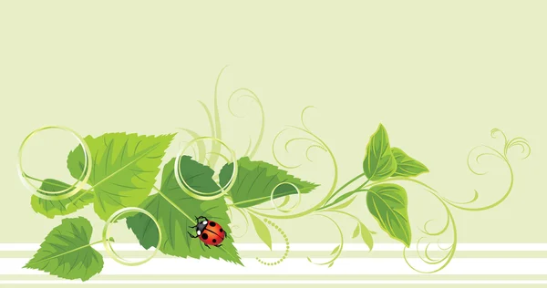 Brindille décorative avec feuilles, coccinelle et bulles — Image vectorielle