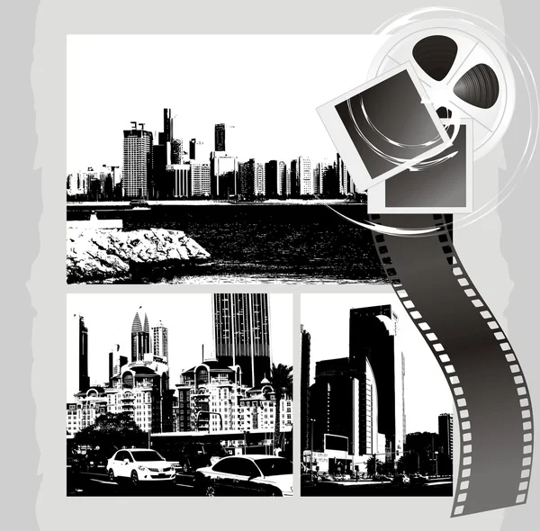 Cityscapes and film objects on the abstract background — Stock Vector