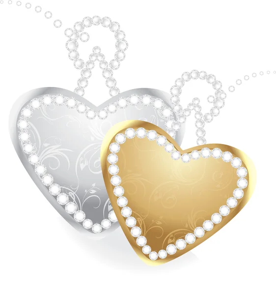 Golden and silver hearts with diamonds — Stock Vector