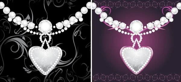Silberne Herzen mit Diamanten auf dem dekorativen Hintergrund — Stockvektor