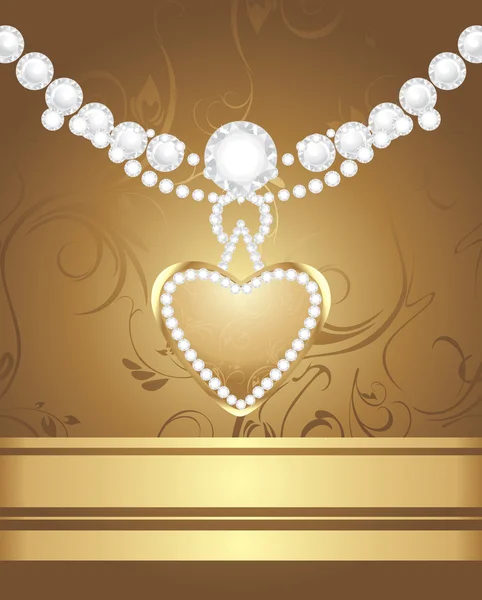 Χρυσή καρδιά, με διακόσμηση λουλούδια πορσελάνη στο διακοσμητικό φόντο και διαμάντια — Διανυσματικό Αρχείο