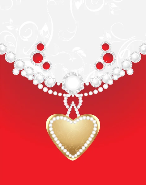 Καρδιά με διακόσμηση λουλούδια πορσελάνη και διαμάντια. διακοσμητικό υπόβαθρο για σχέδιο κοσμήματος — Διανυσματικό Αρχείο