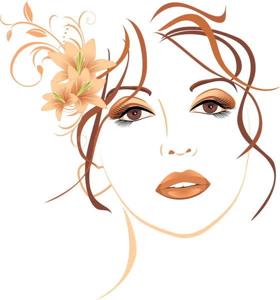Portrait of beautiful woman with lilies in hair — Stock Vector