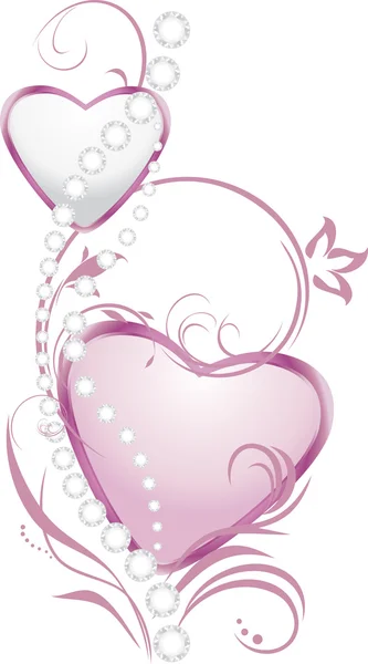 Shining silver and pink hearts with diamonds — Stock Vector