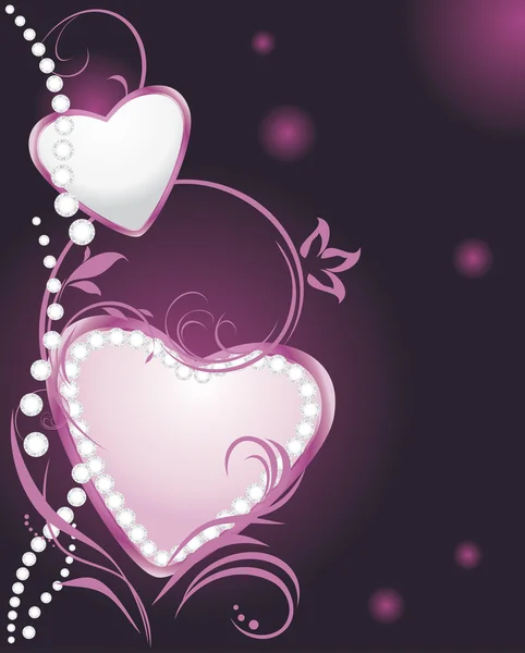 Λαμπερό ασημί και ροζ καρδιές με διαμάντια στο διακοσμητικό φόντο — Διανυσματικό Αρχείο