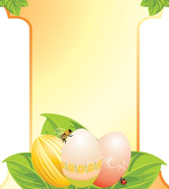 Paskalya yumurtaları, yaprakları ile uğur böceği ve arı. bayram kartı