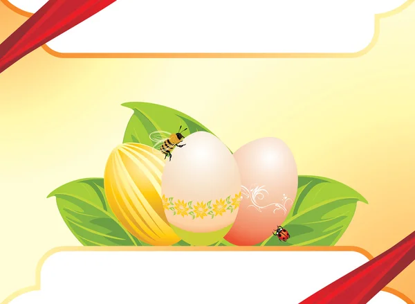 Paskalya yumurtaları, yaprakları ile uğur böceği ve arı. Festival arka plan — Stok Vektör