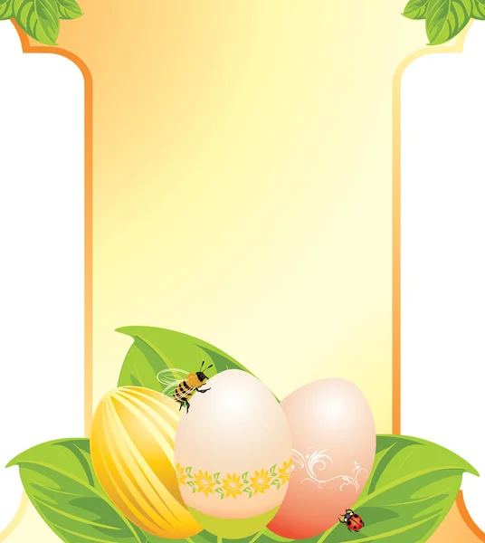 Ovos de Páscoa, folhas com joaninha e abelha. Cartão festivo — Vetor de Stock