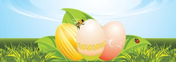 Uova di Pasqua, foglie con coccinella e ape. Bandiera festiva — Vettoriale Stock