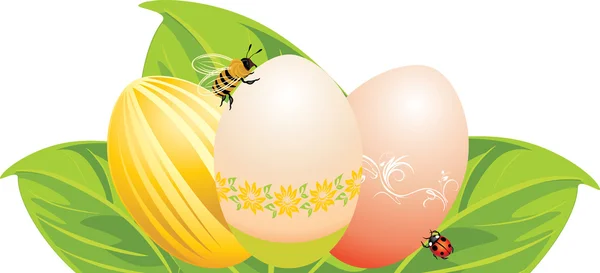Huevos de Pascua, hojas con mariquita y abeja — Vector de stock