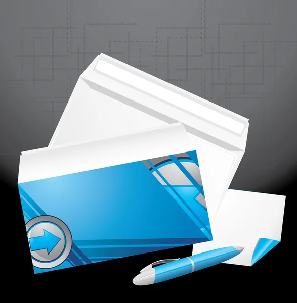 Enveloppe, stylo à bille et page pure sur le fond abstrait — Image vectorielle