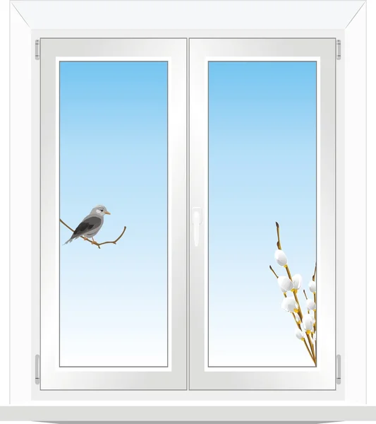 Bird and pussy willow branch in the window — Stock Vector