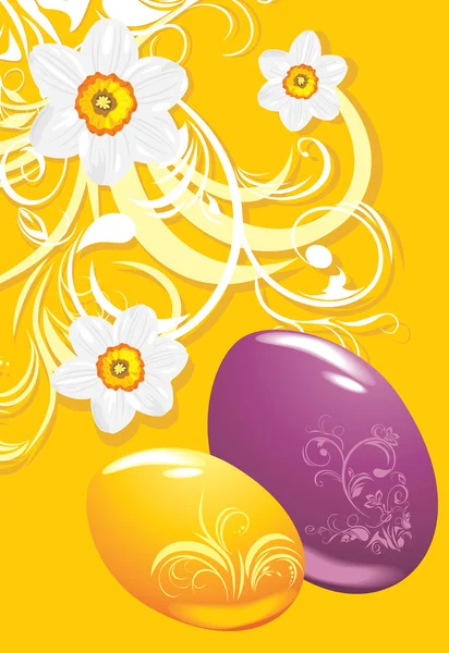 Huevos de Pascua sobre fondo ornamental con narcisos — Vector de stock