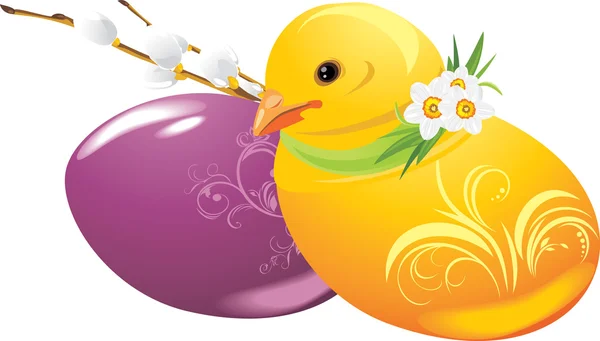 Easter eggs and chick — Stock Vector