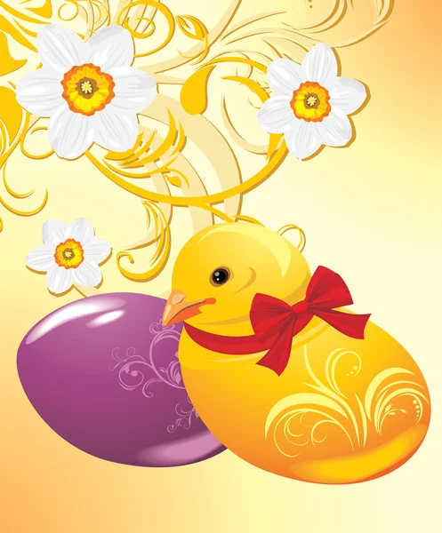 Easter eggs and chick the ornamental background with daffodils — Stock Vector