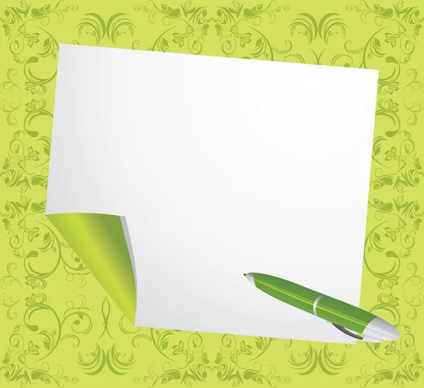 Zvlněné stránky a kuličkové pero na dekorativní zelené pozadí — Stockový vektor