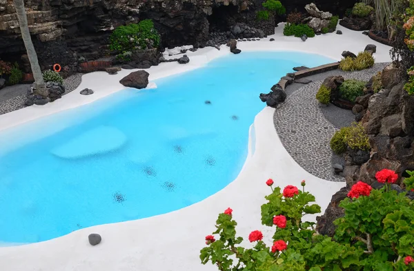 热带花园中的蓝色游泳池 — 图库照片