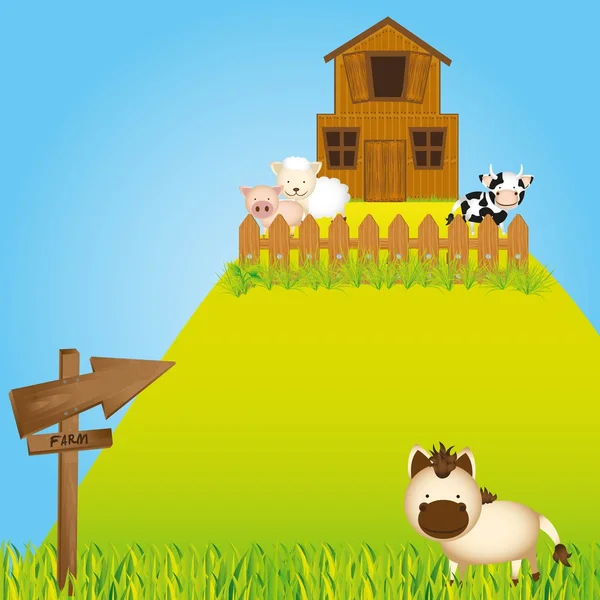 Farm-hegyi witth állatok és pajta — Stock Vector