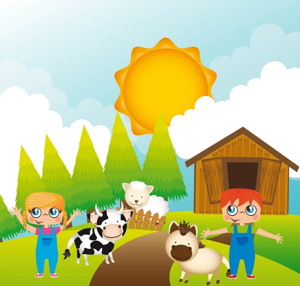 Children with animals farm — Stock Vector