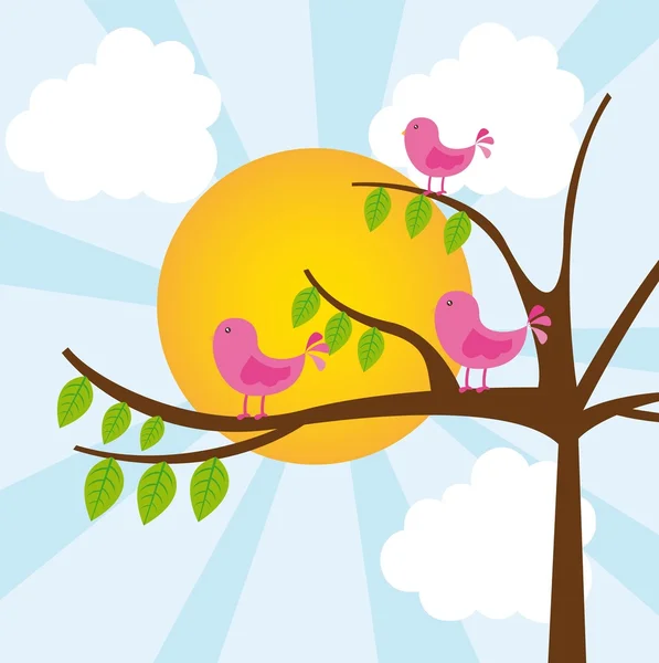 Uccelli con albero — Vettoriale Stock