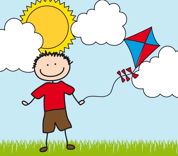 図面の凧を持つ少年 — ストックベクタ