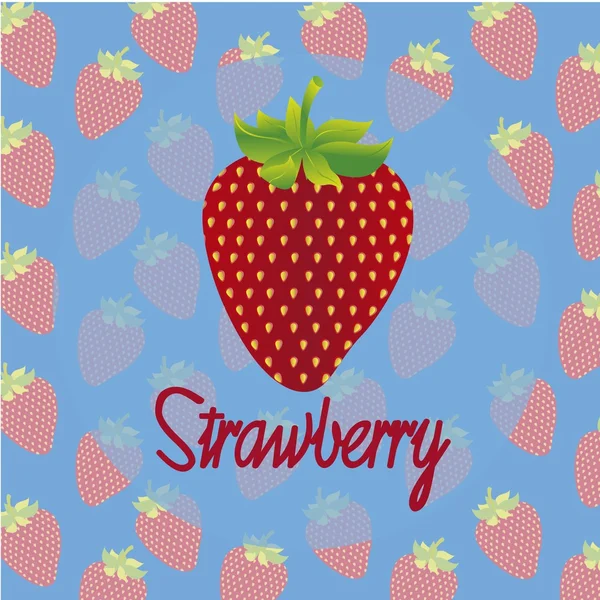 Strawberry on a background of strawberries pattern with a blue background — Stock Vector