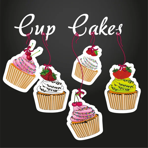 Pendentif cupcakes sur fond noir, avec cinq styles de cupcakes — Image vectorielle