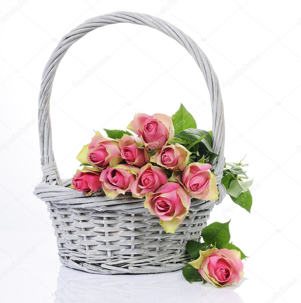 Bouquet of pink roses in basket