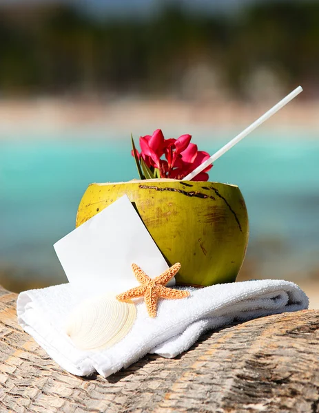 Karib-tenger paradise beach kókuszdió koktél — Stock Fotó