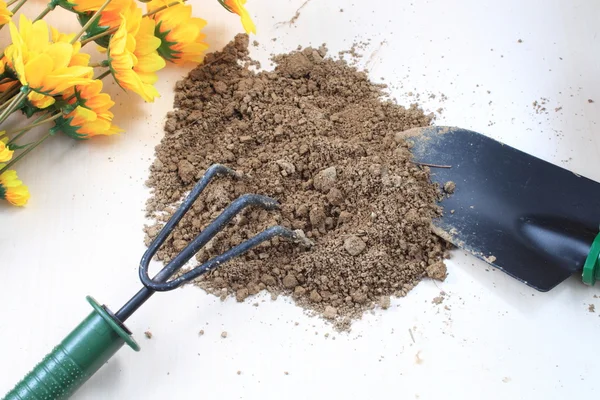 Many cultivate flowers tools with soil on desk.