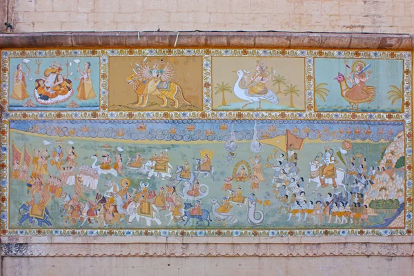 Πολύχρωμα ινδική τοιχογραφία στο φρούριο — Φωτογραφία Αρχείου